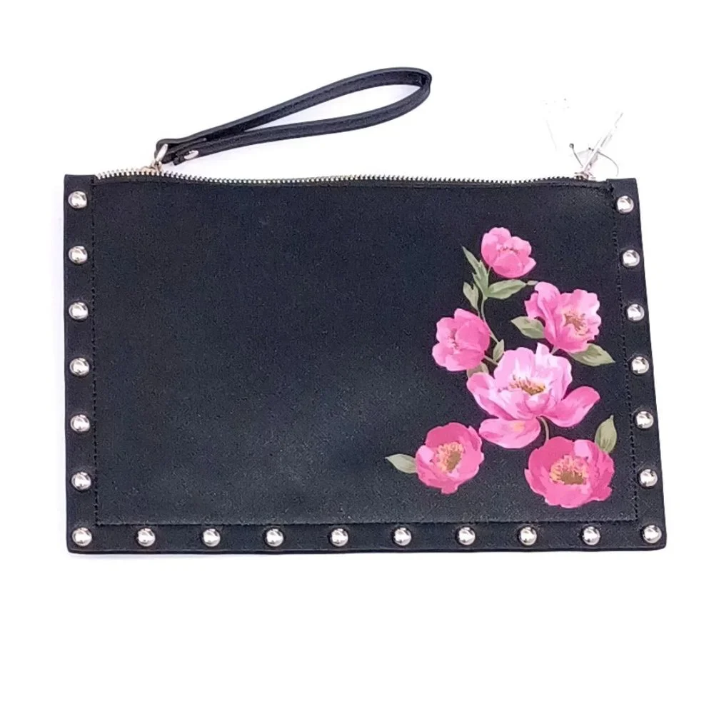 New WHBM Black Leather Floral Studded Wristlet Clutch - Picture 8 of 8
